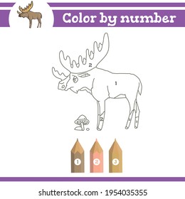 Moose Color by numbers. Coloring page for preschool children. Learn numbers for kindergartens and schools. Educational game.