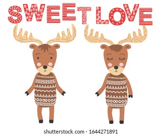 moose couple. Sweet love. Scandinavian moose, children's print, poster, design, hand drawing, quote