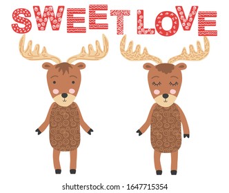 moose couple. Sweet love. Scandinavian moose, children's print, poster, design, hand drawing, quote