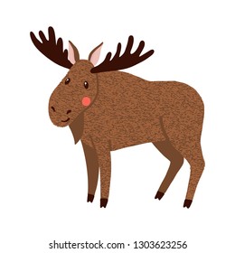Moose. Cute hand drawn elk with horns isolated on white background. Forest animal. Vector illustration.