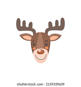 Moose or deer horned cute animal face isolated flat cartoon head. Vector stag hunting sport mascot, cartoon reindeer funny childish mask. Cute comic emoticon emoji design, avatar with horned deer