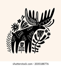 Moose or deer woodland animal drawing in ornate rural folk scandinavian style.