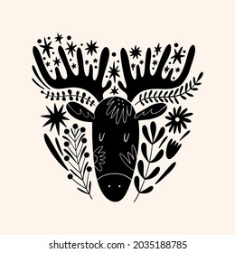 Moose or deer woodland animal drawing in ornate rural folk scandinavian style.