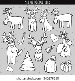 Moose doodle set in different poses for design. Sitting and standing. Head animal. Christmas deer for postcard, brochures. Festive decor. Gift and tree. Bag, glove and candy