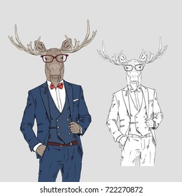 moose dressed up in classy style, anthropomorphic illustration, fashion animals