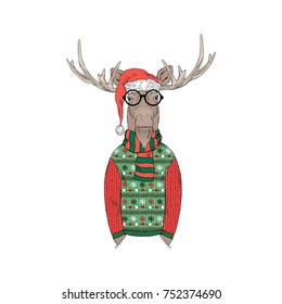 Moose Dressed Up In Funny Christmas Pullover, Furry Art Illustration