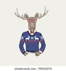 moose dressed up in jacquard pullover, furry art illustration, fashion animals