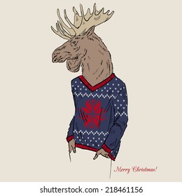 Moose dressed up in jacquard pullover, Merry Christmas