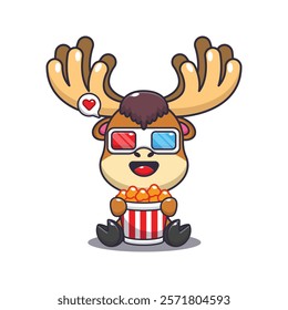 moose eating popcorn and watch 3d movie cartoon vector illustration. Vector cartoon Illustration suitable for poster, brochure, web, mascot, sticker, logo and icon.