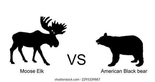 Moose elk against american black bear vector silhouette illustration isolated on white background. Battle for life, food against grizzly bear and deer elk buck. Powerful deer  vs predator in forest.