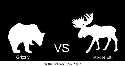 Moose elk against bear vector silhouette illustration isolated on black background. Battle for life and food grizzly bear and deer elk buck. Powerful deer with huge antlers vs predator in forest.