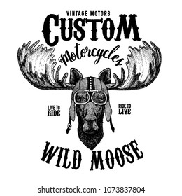 Moose, elk Biker, motorcycle animal. Hand drawn image for tattoo, emblem, badge, logo, patch, t-shirt