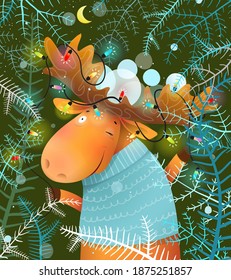 Moose or Elk celebrating Christmas night with garland lights, colorful greeting card for kids New Years party. Deer celebrating winter holidays. Children vector illustration in watercolor style.