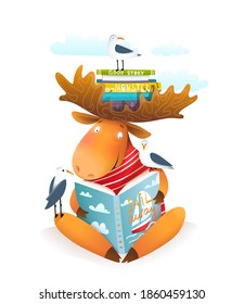 Moose or elk character reading book about sailing with bookshelf on his antlers and seagulls friends. Study and education character design, vector illustration for children.