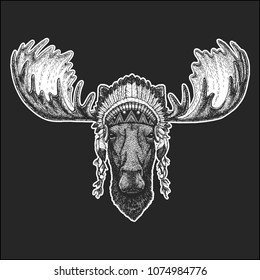 Moose, elk Cool animal wearing native american indian headdress with feathers Boho chic style Hand drawn image for tattoo, emblem, badge, logo, patch