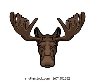 Moose or elk head animal mascot, hunting sport or wildlife vector theme. Hoofed and horned elk with palmate antlers and brown fur isolated on white