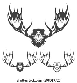 Moose or elk horns. Engraving style. Monochrome isolated on white.