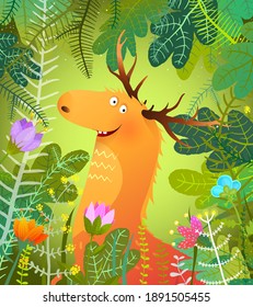 Moose o elk en frondosos bosques verdes felices y tontos sonriendo con grandes cuernos. Caricatura divertida para niños que saludan tarjetas y otros diseños. Ilustración vectorial al estilo acuarela.