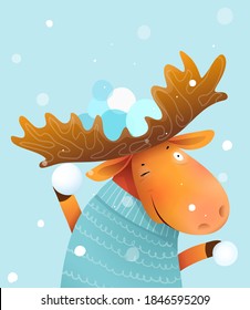 Moose or elk playing snowballs game in winter wearing sweater, invitation or greeting card for Christmas. Kids and nursery animal illustration, vector cartoon in watercolor style.
