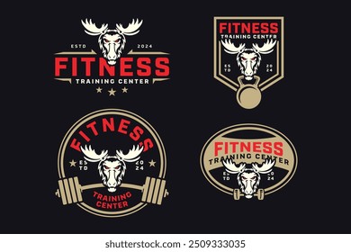 alce ou alce com power bar, barbell e kettlebell emblema coleção de design de logotipo para fitness, ginásio, musculação, clube de levantamento de peso  