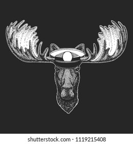 Moose, elk Vector print for children. Capitan, pirate animal. Brave sailor. Design for kindergarten, school kids clothing, t-shirts.