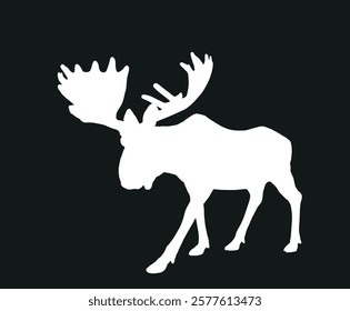 Moose elk vector silhouette illustration isolated on black background. Elk buck. Powerful deer with huge antlers symbol. Shape elk shadow.