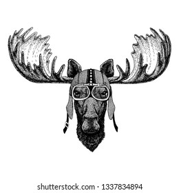 Moose, elk wearing motorcycle, aero helmet. Biker illustration for t-shirt, posters, prints.