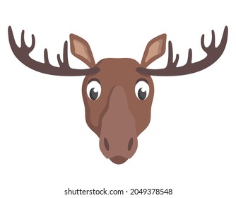 Moose Face Front View. Animal Head In Cartoon Style.