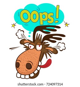Moose Face Picture. Cartoon Smile Deer Vector. Image On White Background. Oops Speech Bubble.