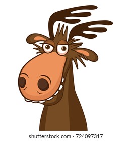 Moose Face Picture. Cartoon Smile Deer Vector. Image On White Background.