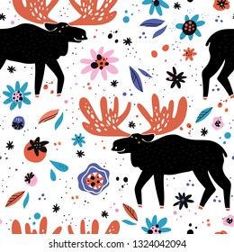 Moose flat hand drawn seamless pattern. Black reindeer, deer cartoon character. Woodland animal. Elk mammal with flowers, berries texture. Wildlife wrapping paper, kid textile, background  design