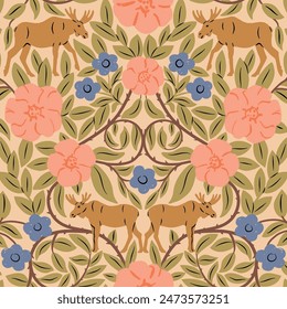 Moose and Flowers Seamless Pattern for Textile, Wallpaper. Classic Symmetric Vector Illustration