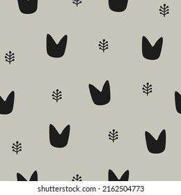 Moose footprints in forest. Background with elk or bull hoof prints and stylized twigs. Hand drawn vector seamless pattern. Simple design for textiles, wrapping paper, wallpaper, children's products.