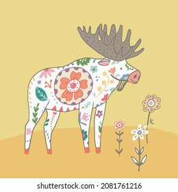 Moose forest animal with floral ornament vector illustration