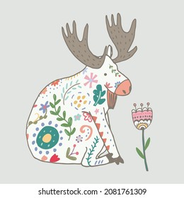 Moose forest animal with floral ornament vector illustration