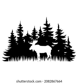 Moose In Forest vector. Moose illustration sign. Moose Scene symbol or logo.