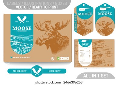 Moose game meat packaging design set featuring detailed hand drawn illustrations, accents and informative labels. Perfect for farms, butchers, and supermarkets seeking a high quality meat 