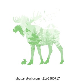 Moose Green silhouette from the forest. Vector illustration