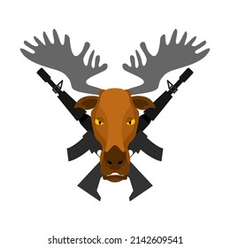 Moose and guns. Hunter sign. Deer muzzle and weapons. Hunter logo