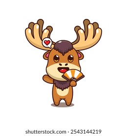 Moose with hand fan. mascot cartoon character vector illustration. design element for poster, brochure, web, mascot, sticker, logo and icon.