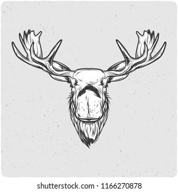 Moose head. Black and white illustration. Isolated on light backgrond with grunge noise and frame.