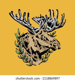 Moose head with floral frame illustration