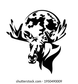 moose head front view with full moon disk behind the horns - wild animal  black and white vector portrait design