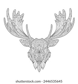 Moose head with horns line art for children or adult coloring book. Vector graphic, coloring page. Hand-drawn with ethnic floral doodle pattern. Zendala, spiritual relaxation. Zen doodles
