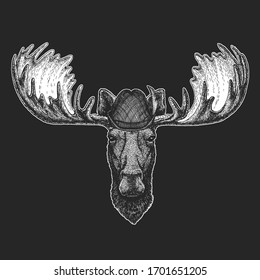 Moose head. Oktoberfest. Tirol traditional hat. Beer festival. Portrait of funny animal.