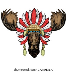 Moose head. Portrait of funny animal. Indian headdress with feathers. Boho style.