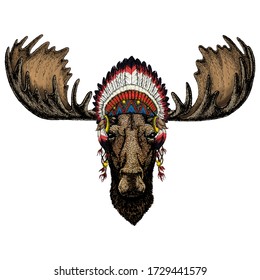 Moose head. Portrait of funny animal. Indian traditional headdress.