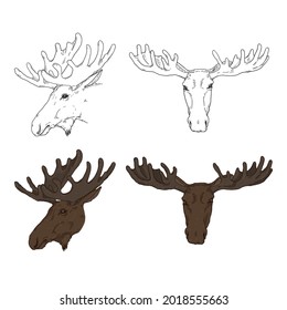 Moose Head Set. Sketch and Cartoon Illustrations.