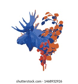 Moose head in the side view decorated with leaves. Vector illustration drawn with rough brush in contrast colors