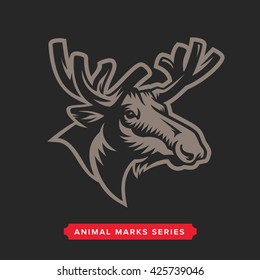 Moose Head Symbol. Great For Badge Label Sign Icon Logo Design. Quality Elk Emblem. Premium Retro Style Drawing. Hand Crafted Vector Illustration. Authentic Vintage Graphics.